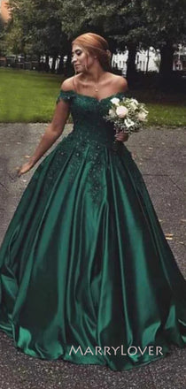 A-line Green Satin Appliques Long Evening Prom Dresses, Off Shoulder Prom Dress, MR8994