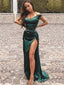 Dark Green Satin Sweetheart Mermaid Long Evening Prom Dresses, Off Shoulder Prom Dress, MR9002