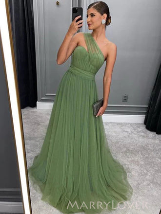 A-line Green Tulle Long Evening Prom Dresses, One Shoulder Prom Dress, MR9015