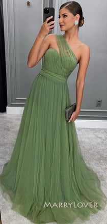 A-line Green Tulle Long Evening Prom Dresses, One Shoulder Prom Dress, MR9015