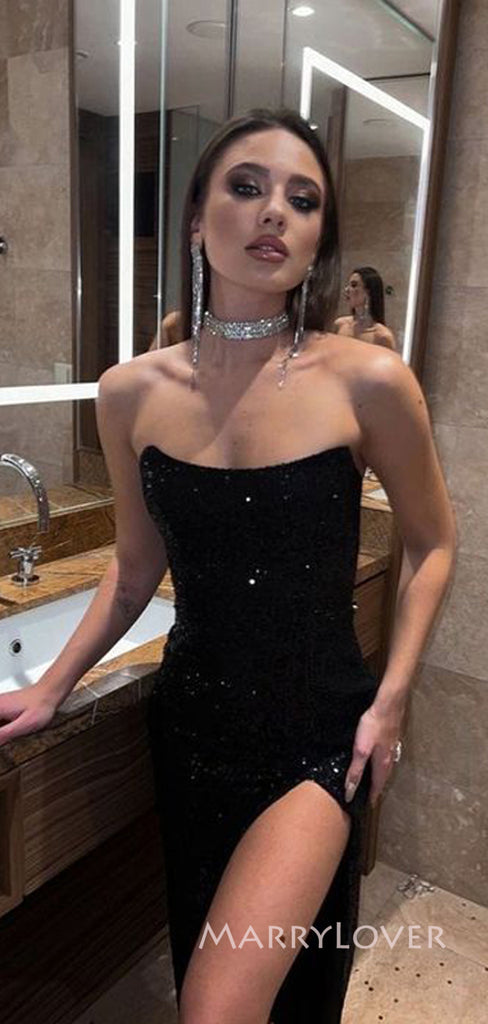 Strapless Black Sequins Mermaid Long Evening Prom Dresses, Sparkly Side Slit Prom Dress, MR9016