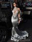 Mermaid Silver Grey Satin Appliques Long Evening Prom Dresses, Halter Prom Dress, MR9035