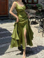 Gorgeous Green Satin Mermaid Long Evening Prom Dresses, Side Slit Prom Dress, MR9036