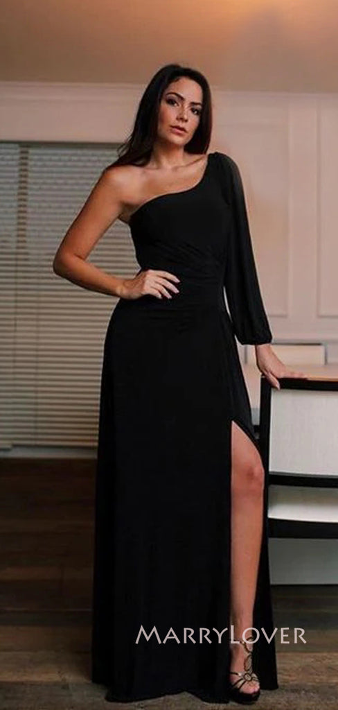 Long Sleeves Black Side Slit Long Evening Prom Dresses, One Shoulder Prom Dress, MR9043