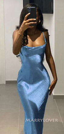 Blue Satin Spaghetti Straps Mermaid Long Evening Prom Dresses, Simple Prom Dress, MR9054