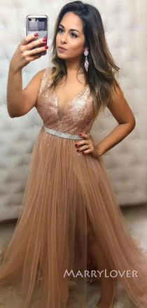 Sparkly Rose Gold Tulle Sequins A-line Long Evening Prom Dresses, V-neck Prom Dress, MR90778