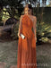 Popular Burnt Orange A-line One Shoulder Long Evening Prom Dresses, MR9083