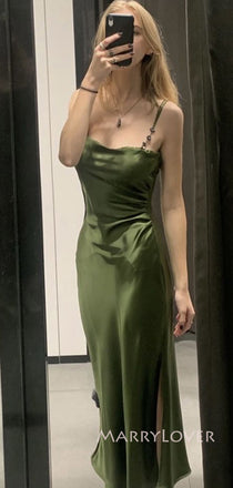 Spaghetti Straps Satin Mermaid Side Slit Long Evening Prom Dresses, MR9087