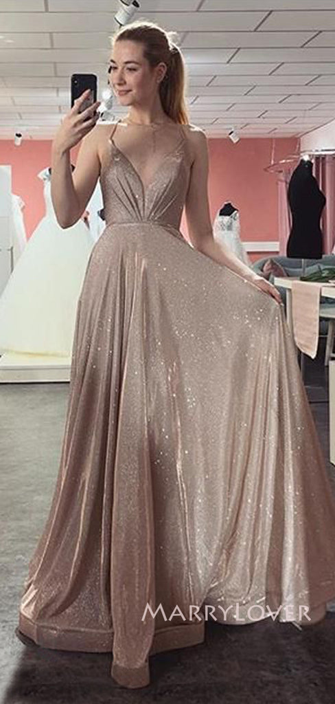 Sparkly A-line V-neck Long Evening Prom Dresses, MR9104