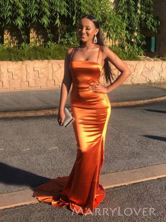 Burnt Orange Mermaid Spaghetti Straps Long Evening Prom Dresses, MR9106