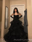 Black Tulle Strapless A-line Long Evening Prom Dresses, Sweetheart Prom Dress, MR9115