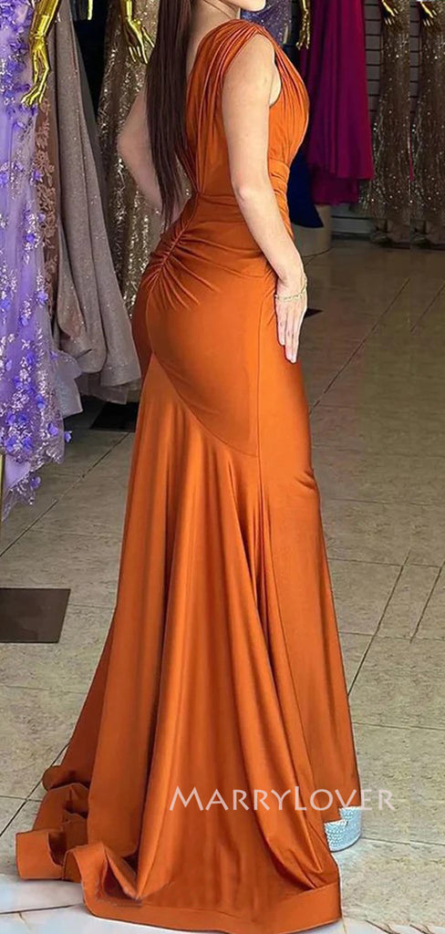 V-neck Burnt Orange Satin Mermaid Long Evening Prom Dresses, MR9119