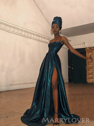 High Slit Satin A-line Long Evening Prom Dresses, Custom Prom Dress, MR9124