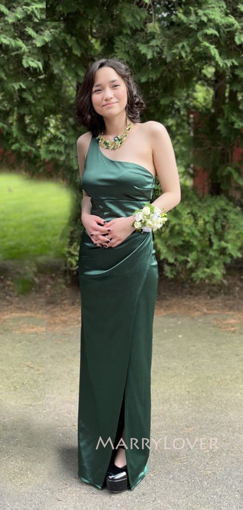 Green Satin Mermaid Side Slit Long Evening Prom Dresses, One Shoulder Prom Dress, MR9135