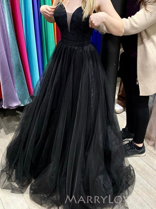 Sweetheart Black Tulle A-line Long Evening Prom Dresses, Gorgeous Custom Prom Dress, MR9140