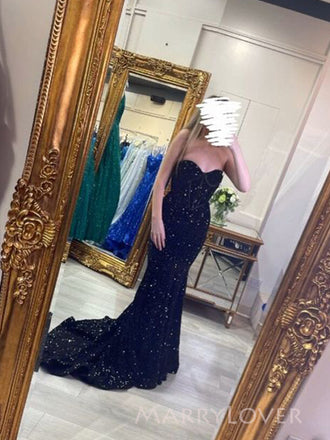 Navy Blue Sequins Mermaid Sweetheart Long Evening Prom Dresses, MR9147