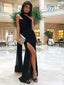 Black Mermaid One Shoulder Side Slit Long Evening Prom Dresses, MR9150