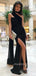 Black Mermaid One Shoulder Side Slit Long Evening Prom Dresses, MR9150