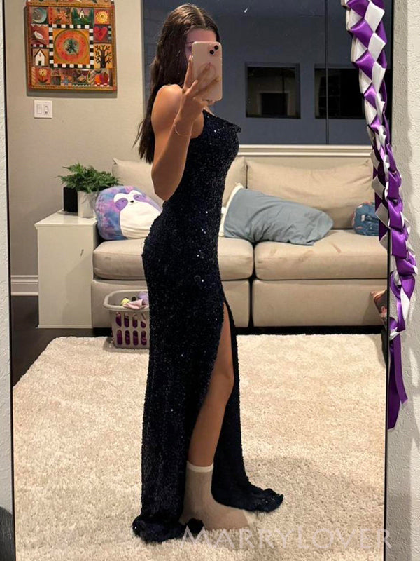 Navy Blue Sequins Side Slit Spaghetti Straps Long Evening Prom Dresses, MR9181