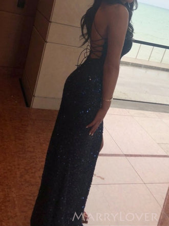 Elegant Navy Blue Sequins Spaghetti Straps Long Evening Prom Dresses, MR9185