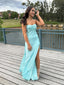 Gorgeous Baby Blue Satin Side Slit Spaghetti Straps Long Evening Prom Dresses, MR9188