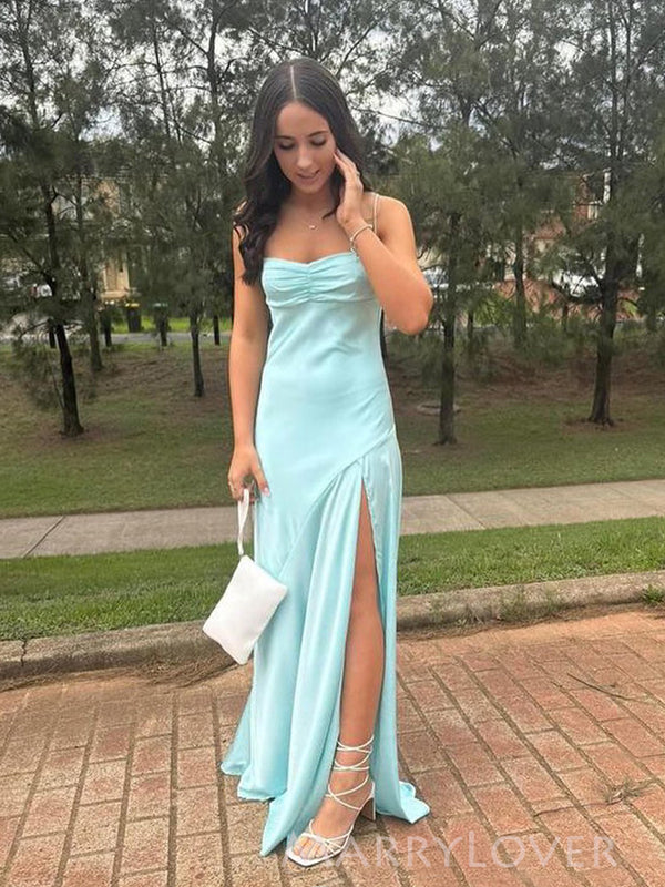 Gorgeous Baby Blue Satin Side Slit Spaghetti Straps Long Evening Prom Dresses, MR9188