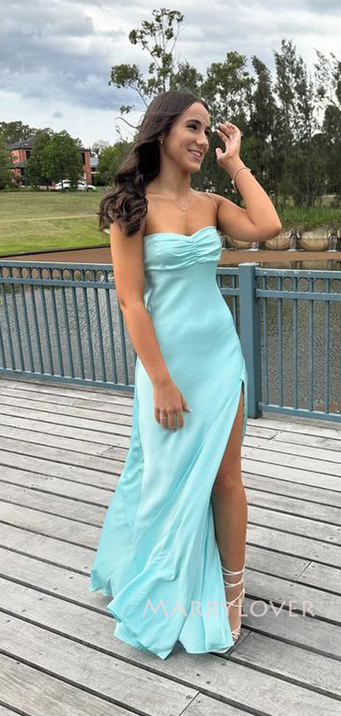 Gorgeous Baby Blue Satin Side Slit Spaghetti Straps Long Evening Prom Dresses, MR9188