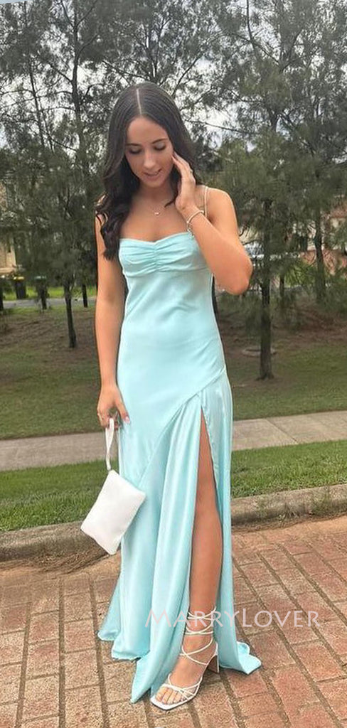 Gorgeous Baby Blue Satin Side Slit Spaghetti Straps Long Evening Prom Dresses, MR9188