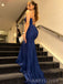 Morden V-neck Navy Blue Lace Mermaid Long Evening Prom Dresses, MR9192