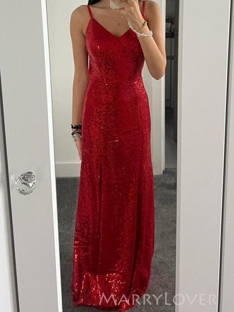 Formal Red Sequins Spaghetti Straps V-neck Long Evening Prom Dresses, MR9196