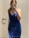 Mermaid Blue Satin Backless V-neck Long Evening Prom Dresses, MR9198