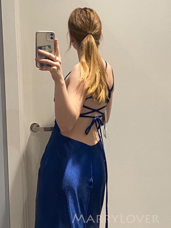 Mermaid Blue Satin Backless V-neck Long Evening Prom Dresses, MR9198