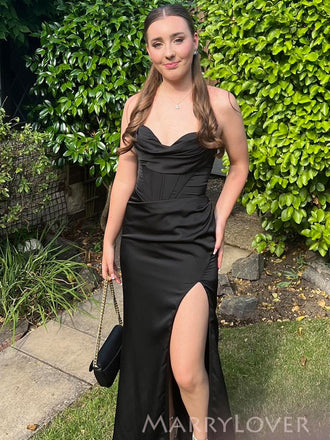 Black Soft Satin Mermaid Side Slit Long Evening Prom Dresses, MR9209