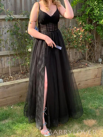 V-neck Black Tulle A-line Long Evening Prom Dresses, Side Slit Custom Prom Dress, MR9210