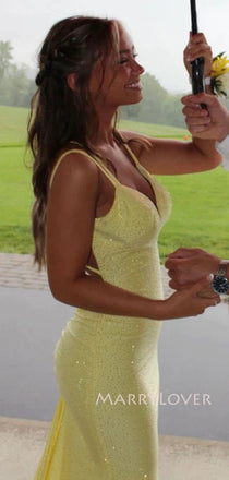 Yellow Backless Mermaid Sparkly V-neck Long Evening Prom Dresses, MR9220
