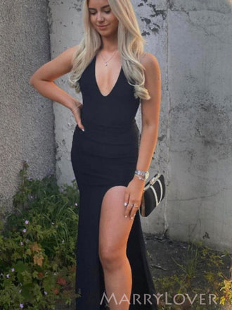 Halter Black Mermaid Backless Long Evening Prom Dresses, Side Slit Prom Dress, MR9224