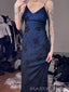 Black Blue Spaghetti Straps V-neck Tulle Long Evening Prom Dresses, MR9231