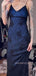 Black Blue Spaghetti Straps V-neck Tulle Long Evening Prom Dresses, MR9231