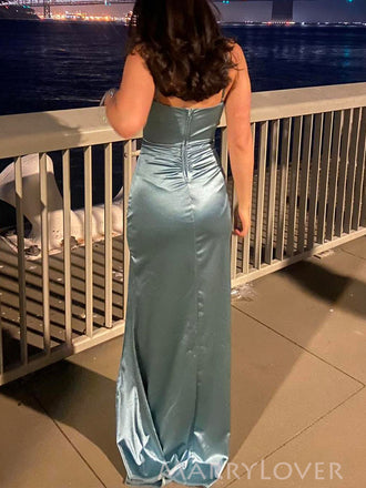 Gorgeous Satin Spaghetti Straps Side Slit Long Evening Prom Dresses, MR9232