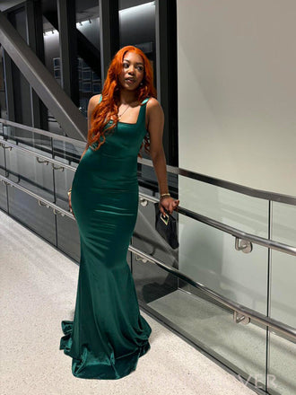 Emerald Green Satin Formal Mermaid Straps Long Evening Prom Dresses, MR9234