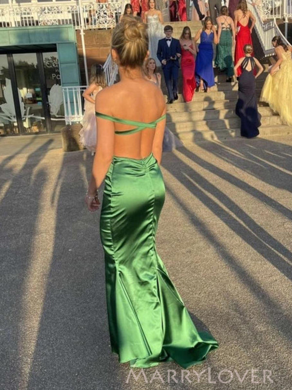 Backless Green Satin Off Shoulder Long Evening Prom Dresses, MR9235