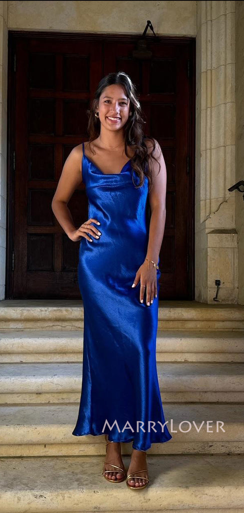 Simple Royal Blue Satin Long Evening Prom Dresses, Spaghetti Straps Prom Dress, MR9242