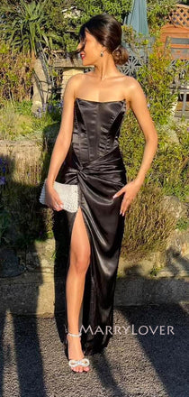 Strapless Blue Satin Side Slit Long Evening Prom Dresses, Bateau Prom Dress, MR9244