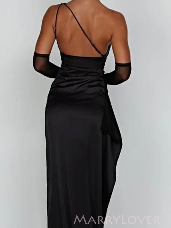 Black Satin One Shoulder High Slit Long Evening Prom Dresses, MR9248