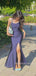 Simple Spaghetti Straps Navy Blue Long Evening Prom Dresses, Side Slit Prom Dress, MR9249