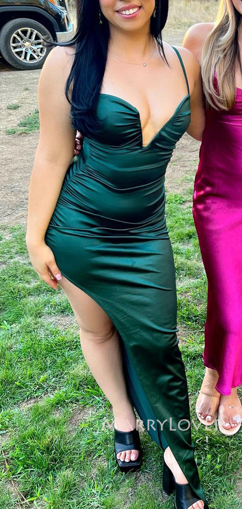 Sexy V-neck Dark Green Mermaid Long Evening Prom Dresses, High Slit Prom Dress, MR9256