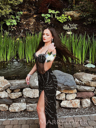 Black See Through Mermaid Side Slit Long Evening Prom Dresses, MR9258