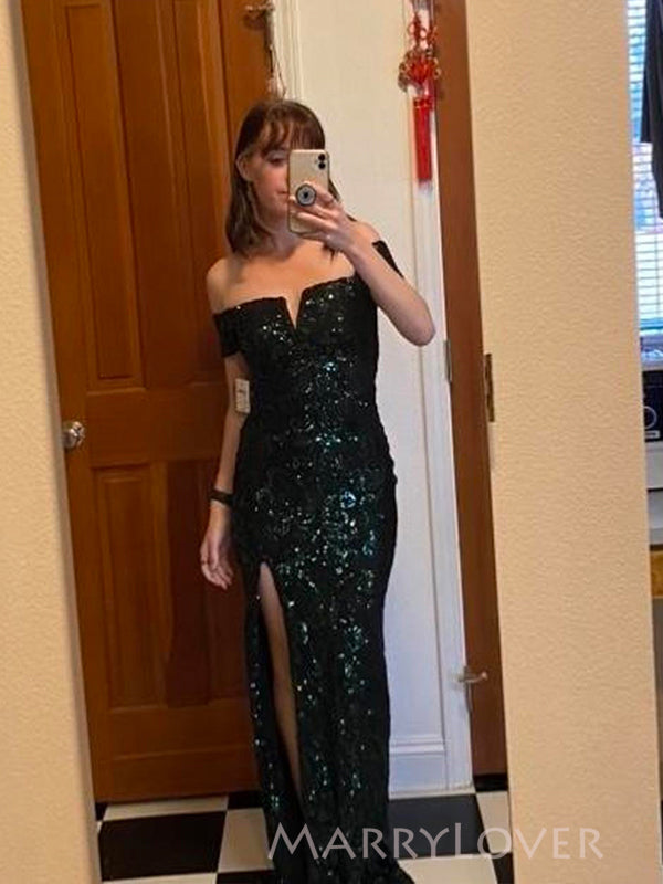 Off Shoulder Dark Green Sequin Lace Side Slit Long Evening Prom Dresses, Mermaid Prom Dress, MR9260