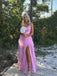 Pink Tulle A-line V-neck Long Evening Prom Dresses, Spaghetti Straps Ball Gown, MR9261