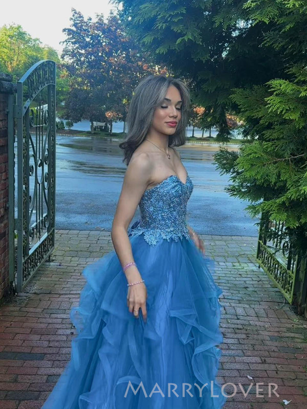 Blue Tulle Appliques Sweetheart A-line Long Evening Prom Dresses, MR9264